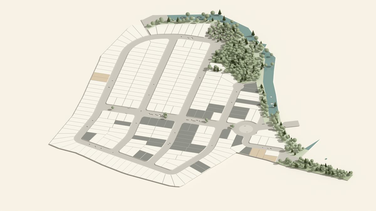 Visualización conceptual axonométrica del plan maestro de El Sitio con lotes por estado, calles y áreas verdes; no es una foto